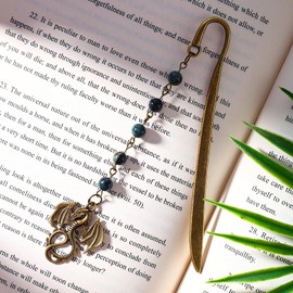 Pyotivol Vintage Bookmark Brass Metal Copper Book Mark with Dragon and Bead Chain Pendant-Fantasy Book Marks for Reading Women, Men, Book Lovers, Girls, Teens, Teachers and Students Handmade Bookmarks