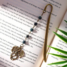 Pyotivol Vintage Bookmark Brass Metal Copper Book Mark with Dragon and Bead Chain Pendant-Fantasy Book Marks for Reading Women, Men, Book Lovers, Girls, Teens, Teachers and Students Handmade Bookmarks