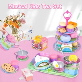 Tea Party Set for Toddles 3-5,53PCS Musical Kids Tea Set for Little Girls with Dessert,Cookies,Doughnut,Cake,Cake Stand,Tablecloth & Carrying Case,Kitchen Pretend Play Toys for Girls Boys Age 3-6