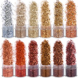 Nail Glitter Nail Parts Hologram Glitter Powder Bling Gold Orange Face/Body Hair Ornaments Fall Christmas Resin Containers Set of 12 (12 pcs)