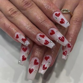 Valentine's Day Press on Nails Medium Length Rhinestones Love Heart False Nails with Design French Ballet Shaped Fake Nails Artificial Acrylic Nails Full Cover Coffin Nails, Glue on Nails for Women