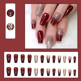24Pcs Dark Wine Red Press on Nails Long Fake Nails Elegant Wine Red Gradient Design Gold Glitter Shiny Glossy False Nails Red Solid Color Natural Acrylic Nails for Women Girls DIY Nail Decorations