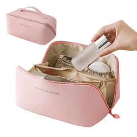 jewmaw Travel Makeup Bag, Large Capacity Cosmetic Bags for Women, Waterproof Portable Pouch Open Flat Toiletry Bag Make up Organizer for Travel Essentials, Valentines Day Gifts for Women Mom, Pink, A