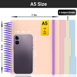 EUSOAR Spiral Notebook College Ruled, A5 7.3"x 8.1" Plastic Cover Lined Spiral Notebook with Pockets, Small 240 Pages Thick Paper 3 Subject Journal for Office School Travel Note Taking