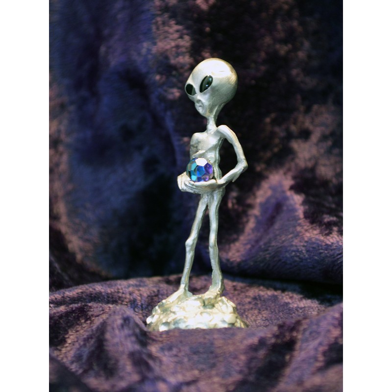 UFO Alien Holding Faceted Crystal Ball Pewter Statue