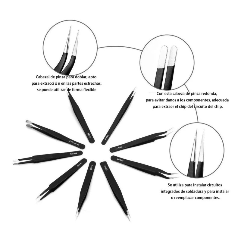 POLLITO DIABLO Kit Pinzas Antiestáticas De Precisión Acero Inoxidable 10pcs
