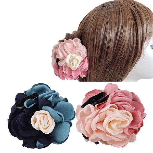 2PCS Sweet Large Rose Flower Hair Claws Beauty Ribbon Bow Hair Clips Headwear Hair Jewelry for Women Accessories (Pink + Blue)