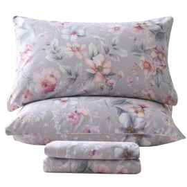 QSH Gray Floral Egyptian Cotton Sheets King Size,Luxury Silk Feel Botanical Flowers Pattern Printed Bed Sheets Sets King Size Aesthetic Soft and Breathable 17.5" Deep Pockets Bedding Sheets 4pcs