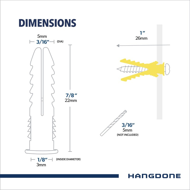 HANGDONE Ribbed Wall Anchors #4-#6 7/8-Inch with Screws 100-Pack, Yellow,
