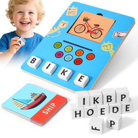 Wooden Learning Games for Kids Ages 3-8, Matching Letter Game with Spelling Flash Cards for Toddler, Early Learning Educational Toys for Children, Birthday Party Gifts for Son and Daughter, Blue