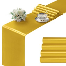 Manyshofu 4Pcs Satin Gold Runner - 12 x 72 Inch Long Size, Party Table Runner Decor Bright & Smooth Wedding Decorations Table Runner for Banquet Chef Birthday Buffet Dinner Graduations