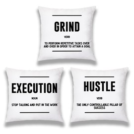Udinaz Inspirational Quote Grind Hustle Execution Quote Success Entrepreneur 18 x 18 Inches White Throw Pillow Covers Set of 3,Bedroom Living Room Home Office Workplace Decor,Coworkers Gifts