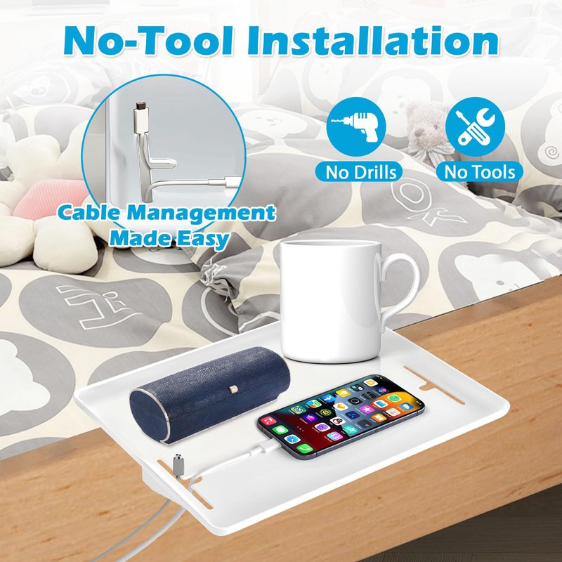 TUAKIMCE Hanging Bedside Table with Cable Holder - Practical Lapel