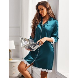 Ekouaer Satin Nightgowns for Women Button Down Sleepshirt 3/4 Sleeve Nightshirts Boyfriend Sleepwear Dark Blue L