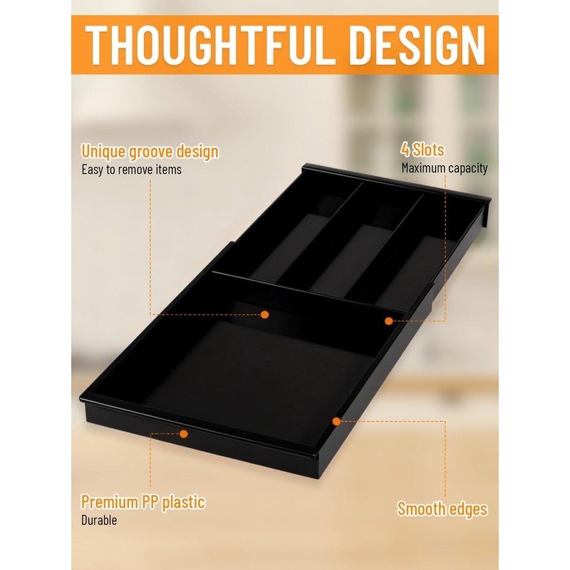 Kunoli Cutlery Organiser, Expandable Cutlery Tray (Black)