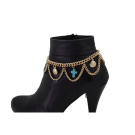Women Weekend Fashion Boot Bracelet Gold Metal Chain Shoe Turquoise Blue Cross Charm Wave Coin