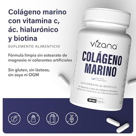 VIZANA NUTRITION  Colágeno Hidrolizado Marino. Tipos I y III en Cápsulas HPMC Vegetarianas (180 Caps500 mg) Adicionado con Ácido Hialurónico, Biotina