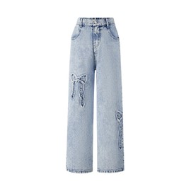WDIRARA Girl's Bowknot Print Washed Jean Elastic Waist Denim Pants Straight Leg Trousers with Pockets Light Blue 10Y