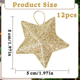 12 Piece Christmas Decoration Set, Sparkling Christmas Tree Decoration, Golden Christmas Pendant, 5 x 5 cm Christmas Tree Decorations - Three-Dimensional Stars, for Party, Fireplaces, Windows, Table