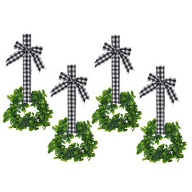 KOVOT Set of 4 Hanging Wreaths with Plaid Ribbon Bow. Christmas Decoration for Kitchen Cabinets, Behind Chairs, Doors, Railings & Windows - Black & White Plaid Bow
