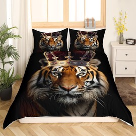 Homewish Wild Tiger Bedding Set Twin Size,3D Wildlife African Tropical Animal Comforter Cover Set for Kids Girls,Golden Crown Print Black Bedding Quilt Cover Set Bedroom Decor, 2 Pcs