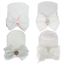 Winzik Newborn Hats for Boys Girls, Baby Hat Newborn Hospital Hat, Infant Beanie Hat with Big Bow for 0-3 Months (4 Pack G)