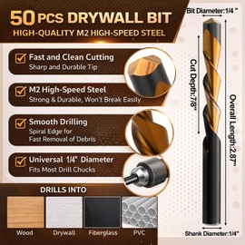 Tondiamo 50 Pcs Drywall Cut Out Bit 1/4 Inch Guide Point Cutting Router Bits Tools for Use with Spiral Saw