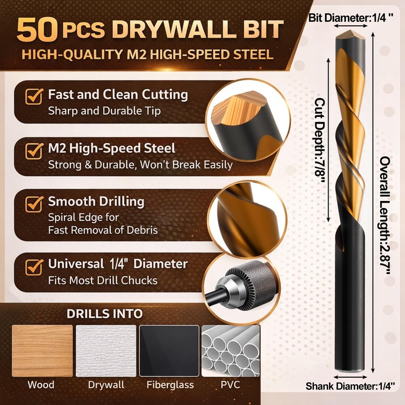 Tondiamo 50 Pcs Drywall Cut Out Bit 1/4 Inch Guide