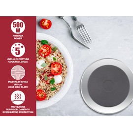 BEPER P101PIA003 - Electric Hot Plate Made of Cast Iron/Stainless Steel, 5 Burning Levels, Single Hob, Camping Hob with 10 cm Plate, 500 W
