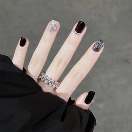 MISUD Press on Nails - Short Square Glue on Nails with Black, Acrylic Bling Glitter Design 24 pcs