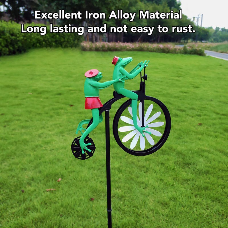 gernie Vintage Cycling Frog Wind Spinner, Iron Alloy Garden Ornament,