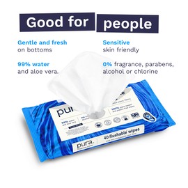 Pura Flushable Wipes 2 x 40 Toilet Wipes (80 Wipes), 100% Plastic Free Moist Toilet Tissue, 99% Water, Totally Chlorine Free & Fragrance Free, Sensitive Skin, Twin Pack, Adult Wet Wipes