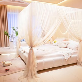 Akiky Princess Canopy Bed Curtains 4 Corners Post Mosquito Net - Cozy Drape Netting 4 Opening Bed Canopy Curtain for Girls Bed Boys Adults (California King,Beige)