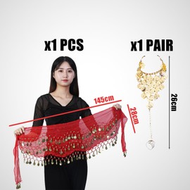 1 Piece Belly Dance Waist Chain with 2 Bracelet Chains, Dance Performance Accessories, Sequin Wrap Belt, Three Layer Gold Coin Hip Scarf, Chiffon Ladies Drape Belt for Party, Festival Performance