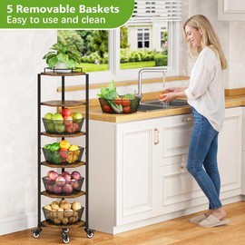 Fruit and Vegetable Storage Basket for Kitchen, 6 Tier Kitchen Cart on Wheels with Storage, Rolling Fruit Basket Stand with 5 Pack Fruit Bowl, Rotating Fruit Organizer Storage Cart for Potato, Onion