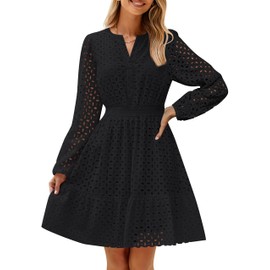 ZESICA Women's 2025 Long Sleeve Mini Dress Fall V Neck Hollow Out Eyelet Embroidery Ruffle A Line Swing Short Dresses,Black,Large