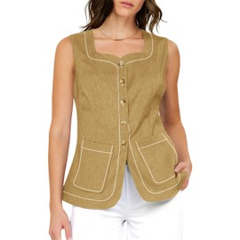 Tankaneo Womens Square Neck Denim Vest Button Down Sleeveless Jean Waistcoat Summer Casual Jean Tops with Pockets