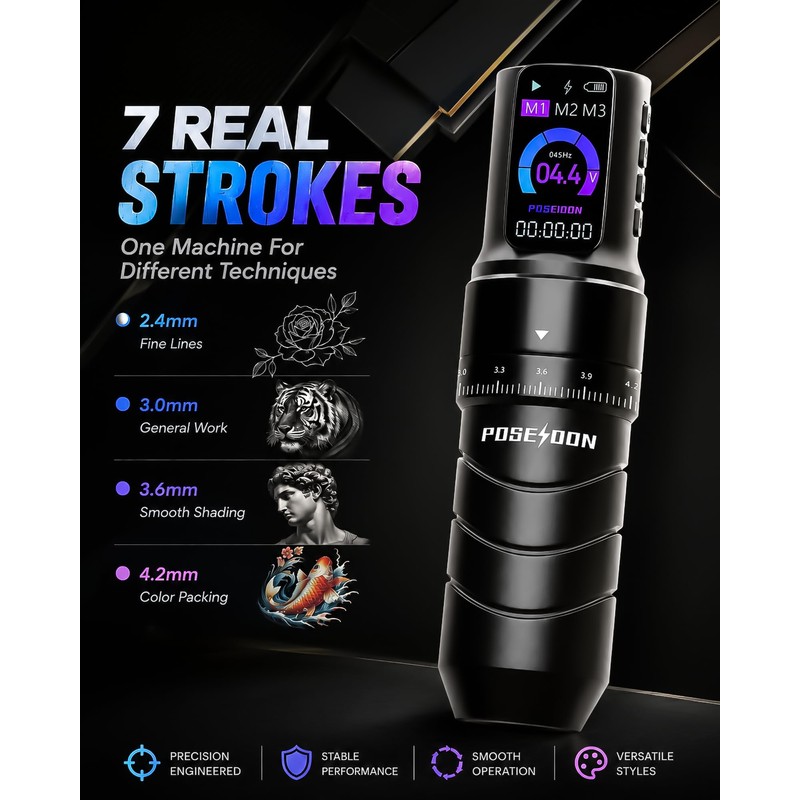 Poseidon Wireless Tattoo Gun Kit 7 Strokes 2300mAh Battery LED