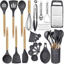 Kitchen Cooking Utensils Set,29 pcs Non-Stick Silicone Cooking Kitchen Utensils Set with Holder, Wooden Handle Silicone Kitchen Gadgets Utensil Set Spatula Turner Spoon Tongs Whisk (Grey)