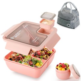 Dyserbuy Lunch Box Adults, Bento Box Set with Storage Bag, Utensils, Oats Container, Leakproof Lunchbox Adult with Fork & Spoon for Men Women Student School Office, Pink