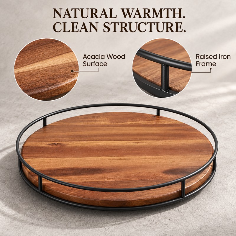 Acacia Wood Lazy Susan Turntable, 360° Rotating Kitchen Countertop Organizer