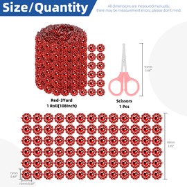 Glarks 3pcs Red Flower Rhinestone Ribbon Set, 98mm x 3 Yards 6 Rows Plastic Rhinestone Mesh Fabric with 2pcs Tools, Bling Rhinestone Ribbon, Sparkling Bling Wrap Ribbon for Arts Crafts Party Decoration