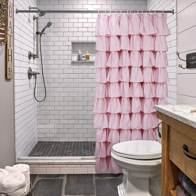 Volens Pink Ruffle Shower Curtain Farmhouse/Rustic Fabric Cloth Shower Curtains
