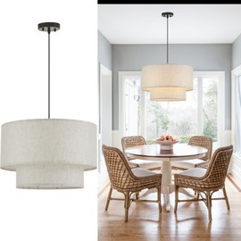 VILUXY Drum Fabric Pendant Light Farmhouse White Chandelier Double Drum Shade Hanging Ceiling Light Fixture 3 Lights Linen for Bedroom Dining Room Living Room Entryway