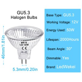 LedWekei GU5.3 Halogen MR16 12V 50W Dimmable 2700K Warm White Bulbs (Pack of 6)