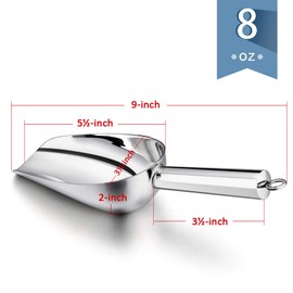 8 Ounce Ice Scoop Set of 2, E-far Stainless Steel Scoops for Ice Cube/Candy/Flour/Sugar, Metal Utility Scoops for Party, Baking, Kitchen Pantry, Rust Free & Dishwasher Safe