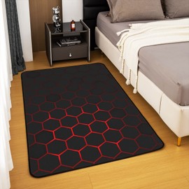 Abstract Hexagon Area Rug 3'x5' Red Black Geometric Honeycomb Plaid Rug for Teens Adults Modern Simple Patchwork Grid Decorative Non Slip Carpet for Hosuewarming Office