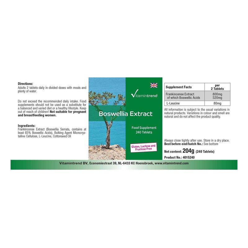 Boswellia Frankincense 400 mg Extract 240 Tablets Vegan 65% Boswellia