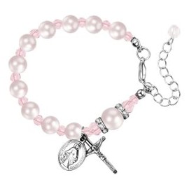 Flongo Kreuz Maria Rosenkranz Damen: Rosa Edelstahl Perlenarmband mit Kreuz und Maria Anhänger Verstellbares Katholisches Christliches Schmuck Religiöses Geschenk für Taufe Weihnachten Ostern