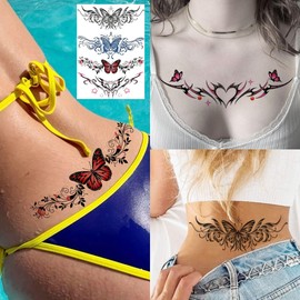 4 Sheets Y2K Tramp Stamp Temprary Tattoos For Women Adults Chest Waist Tattoo Sticker, Realistic Rose Butterfly Heart Belt Fake Belly Tattoos Waistband Decal Waterproof Long Lasting Temp Tatoos